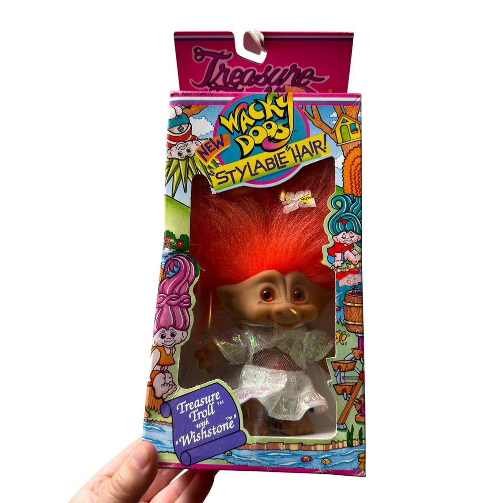 Ace Novelty Treasure Troll Doll Orange Wacky Doo Hair Wishstone 1992 Vintage Box